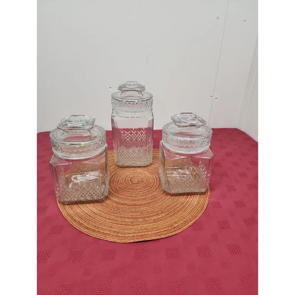 VintageKoeze's Apothecary/Cannister Jars W Gaskets Set Of 3Diamond Pattern 1980s